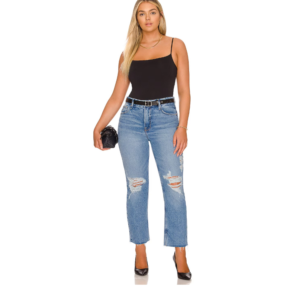 Good American Good Icon Crop Festival Rips Jeans Womens Blue High Rise 10 / 30